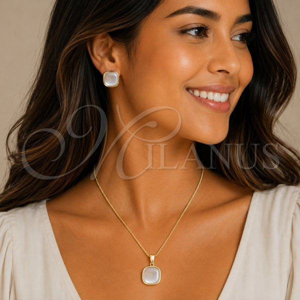 Juego de Arete y Dije de Adulto 10.342.0312 Oro Laminado, con Madre Perla Marfil, Pulido, Tono Dorado