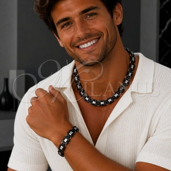 Collar y Pulsera 06.363.0035.3.22 Acero Inoxidable, Diseño de Llave Griega, Pulido, Dos Tonos