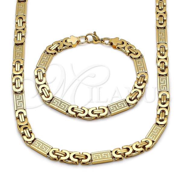 Collar y Pulsera 06.116.0217.22 Acero Inoxidable, Diseño de Llave Griega, Pulido, Tono Dorado