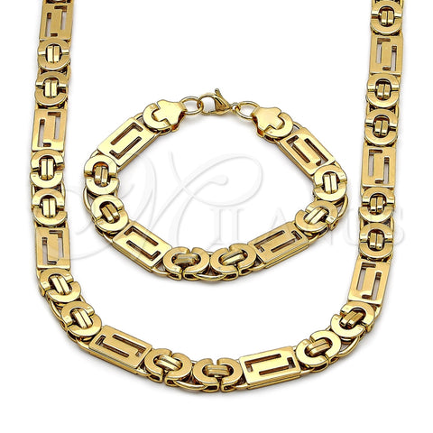 Collar y Pulsera 06.116.0218.1.22 Acero Inoxidable, Diseño de Llave Griega, Pulido, Tono Dorado