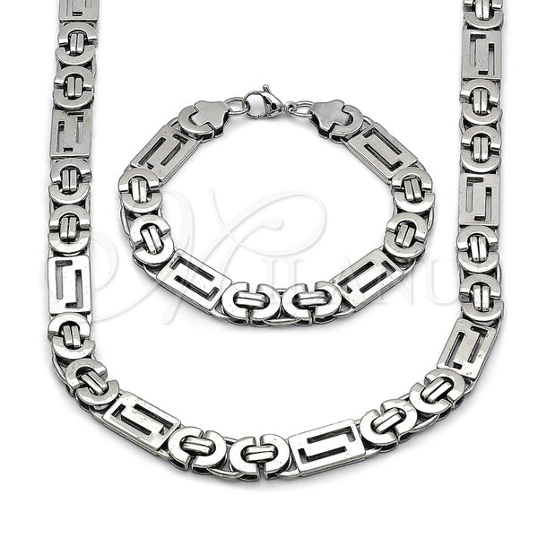 Collar y Pulsera 06.116.0218.2.22 Acero Inoxidable, Diseño de Llave Griega, Pulido, Tono Plateado