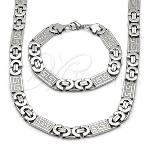 Collar y Pulsera 06.116.0219.22 Acero Inoxidable, Diseño de Llave Griega, Pulido, Tono Plateado