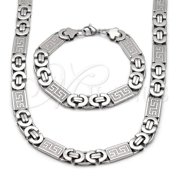 Collar y Pulsera 06.116.0219.22 Acero Inoxidable, Diseño de Llave Griega, Pulido, Tono Plateado