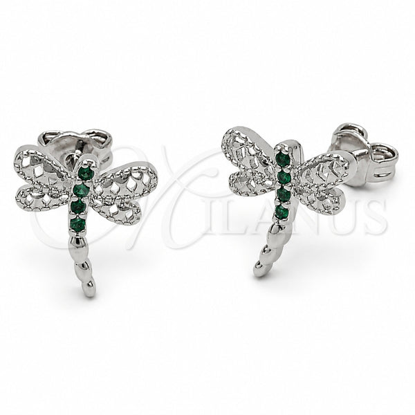 Arete Dormilona 02.310.0135 Rodio Laminado, Diseño de Libélula, con Zirconia Cubica Verde, Pulido, Rodinado