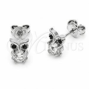 Arete Dormilona 02.310.0147 Rodio Laminado, Diseño de Búho, con Zirconia Cubica Negro y Blanca, Pulido, Rodinado