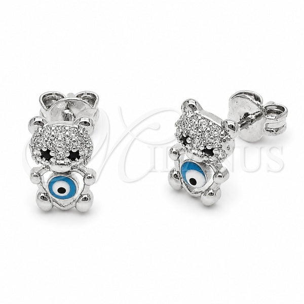 Arete Dormilona 02.310.0149 Rodio Laminado, Diseño de Osito y Ojo Griego, con Micro Pave Blanca y Negro, Esmaltado Azul claro, Rodinado