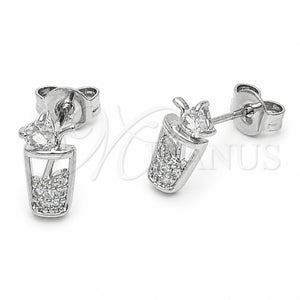 Arete Dormilona 02.310.0150 Rodio Laminado, Diseño de Baso de Beber, con Micro Pave Blanca, Pulido, Rodinado