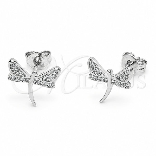 Arete Dormilona 02.310.0151 Rodio Laminado, Diseño de Libélula, con Micro Pave Blanca, Pulido, Rodinado