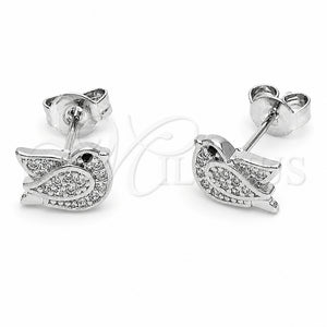Arete Dormilona 02.310.0152 Rodio Laminado, Diseño de Pajaro, con Micro Pave Blanca y Negro, Pulido, Rodinado