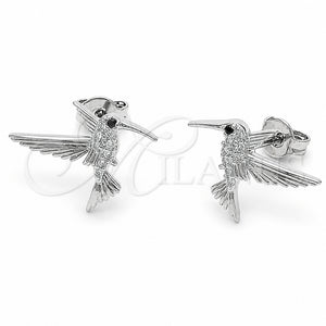 Arete Dormilona 02.310.0157 Rodio Laminado, Diseño de Pajaro, con Zirconia Cubica Blanca y Micro Pave Negro, Pulido, Rodinado