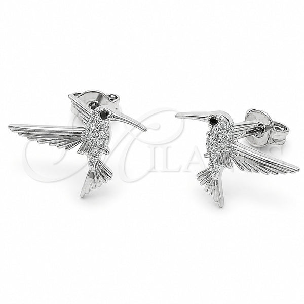 Arete Dormilona 02.310.0157 Rodio Laminado, Diseño de Pajaro, con Zirconia Cubica Blanca y Micro Pave Negro, Pulido, Rodinado