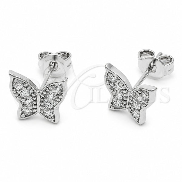 Arete Dormilona 02.310.0158 Rodio Laminado, Diseño de Mariposa, con Zirconia Cubica Blanca, Pulido, Rodinado