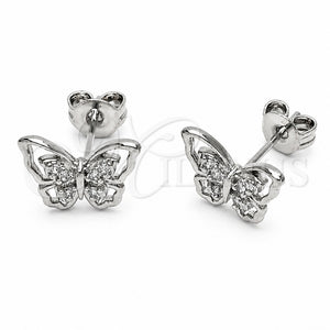 Arete Dormilona 02.310.0159 Rodio Laminado, Diseño de Mariposa, con Micro Pave Blanca, Pulido, Rodinado