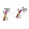 Arete Dormilona 02.310.0161 Rodio Laminado, Diseño de Bambu, con Zirconia Cubica Multicolor, Pulido, Rodinado