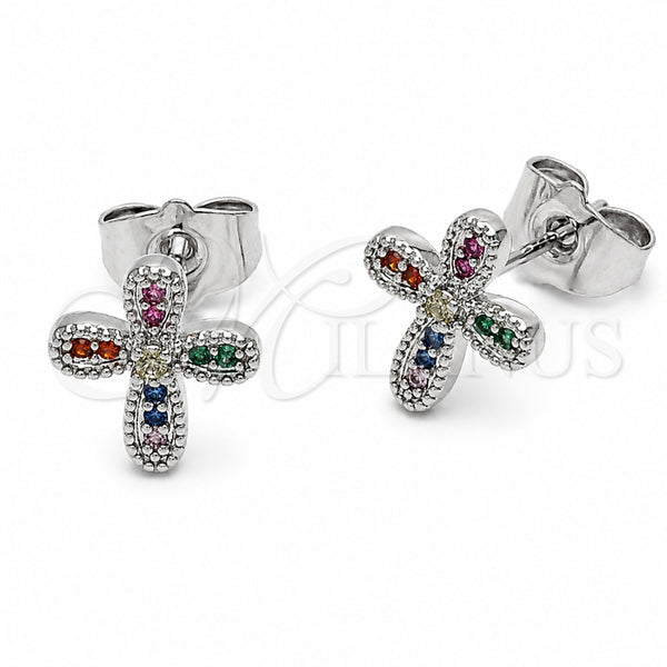 Arete Dormilona 02.310.0163 Rodio Laminado, Diseño de Cruz, con Zirconia Cubica Multicolor, Pulido, Rodinado