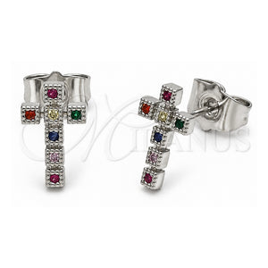 Arete Dormilona 02.310.0166 Oro Laminado Blanco, Diseño de Cruz, con Zirconia Cubica Multicolor, Pulido, Rodinado