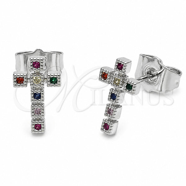 Arete Dormilona 02.310.0166 Rodio Laminado, Diseño de Cruz, con Zirconia Cubica Multicolor, Pulido, Rodinado