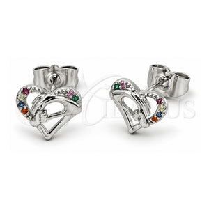 Arete Dormilona 02.310.0167 Oro Laminado Blanco, Diseño de Corazón y Manos, con Zirconia Cubica Multicolor, Pulido, Rodinado