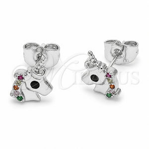 Arete Dormilona 02.310.0174 Rodio Laminado, Diseño de Caballo, con Zirconia Cubica Multicolor, Pulido, Rodinado
