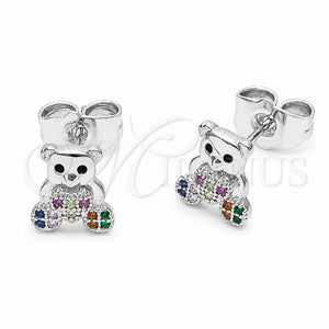 Arete Dormilona 02.310.0106.1 Rodio Laminado, Diseño de Osito y Corazón, con Micro Pave Multicolor, Pulido, Rodinado