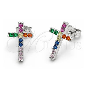 Arete Dormilona 02.310.0199 Oro Laminado Blanco, Diseño de Cruz, con Zirconia Cubica Multicolor, Pulido, Rodinado