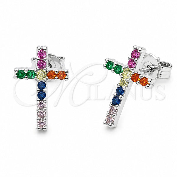 Arete Dormilona 02.310.0199 Rodio Laminado, Diseño de Cruz, con Zirconia Cubica Multicolor, Pulido, Rodinado