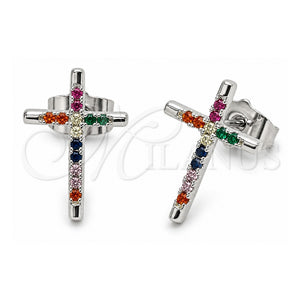 Arete Dormilona 02.310.0186.1 Oro Laminado Blanco, Diseño de Cruz, con Zirconia Cubica Multicolor, Pulido, Rodinado