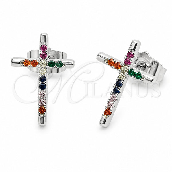 Arete Dormilona 02.310.0186.1 Rodio Laminado, Diseño de Cruz, con Zirconia Cubica Multicolor, Pulido, Rodinado