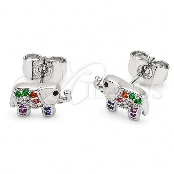 Arete Dormilona 02.310.0050.2 Rodio Laminado, Diseño de Elefante, con Zirconia Cubica Negro y Multicolor, Pulido, Rodinado