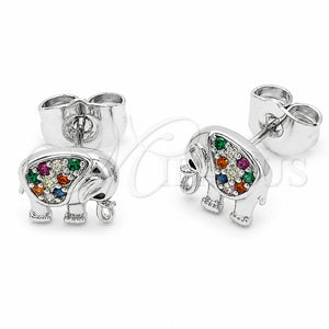Arete Dormilona 02.310.0202 Rodio Laminado, Diseño de Elefante, con Zirconia Cubica Negro y Multicolor, Pulido, Rodinado