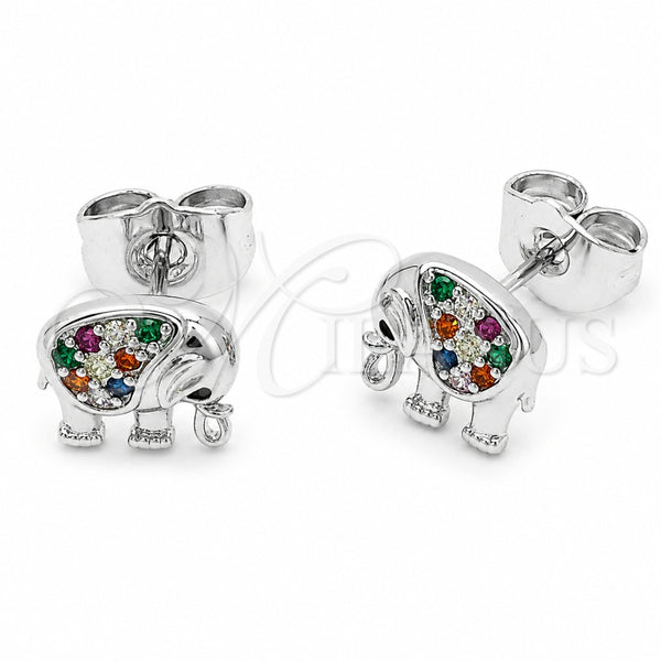 Arete Dormilona 02.310.0202 Rodio Laminado, Diseño de Elefante, con Zirconia Cubica Negro y Multicolor, Pulido, Rodinado