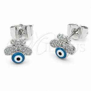 Arete Dormilona 02.310.0205 Rodio Laminado, Diseño de Abeja y Ojo Griego, con Micro Pave Blanca, Esmaltado Azul, Rodinado