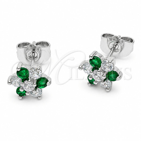 Arete Dormilona 02.310.0206 Rodio Laminado, Diseño de Flor, con Zirconia Cubica Verde y Blanca, Pulido, Rodinado