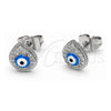 Arete Dormilona 02.310.0209 Oro Laminado Blanco, Diseño de Gota y Ojo Griego, con Micro Pave Blanca, Esmaltado Azul, Rodinado