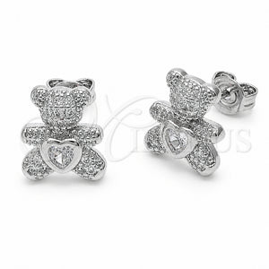 Arete Dormilona 02.310.0108.1 Rodio Laminado, Diseño de Osito y Corazón, con Zirconia Cubica Blanca y Micro Pave Blanca, Pulido, Rodinado
