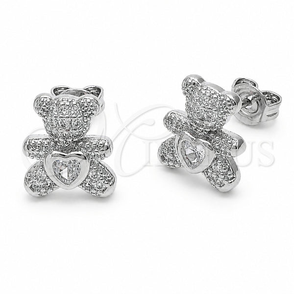 Arete Dormilona 02.310.0108.1 Rodio Laminado, Diseño de Osito y Corazón, con Zirconia Cubica Blanca y Micro Pave Blanca, Pulido, Rodinado