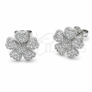 Arete Dormilona 02.310.0215 Rodio Laminado, Diseño de Flor, con Micro Pave Blanca, Pulido, Rodinado