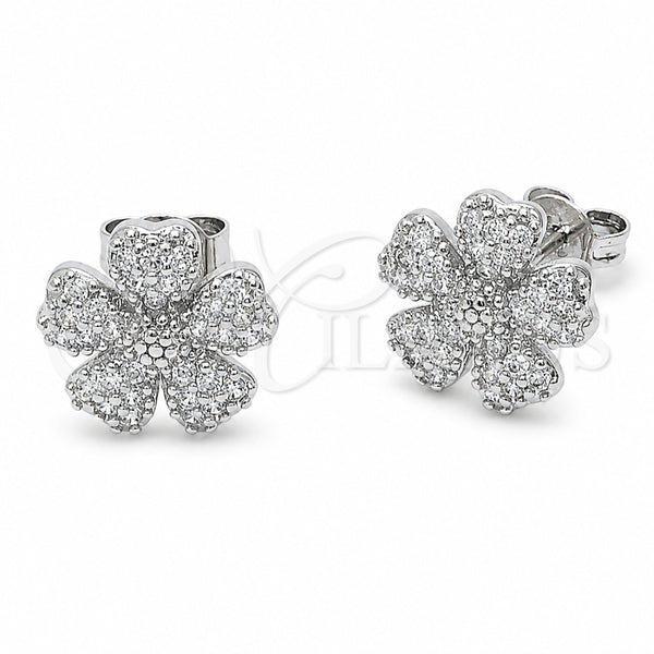 Arete Dormilona 02.310.0215 Rodio Laminado, Diseño de Flor, con Micro Pave Blanca, Pulido, Rodinado