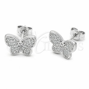 Arete Dormilona 02.310.0217 Rodio Laminado, Diseño de Mariposa, con Micro Pave Blanca, Pulido, Rodinado