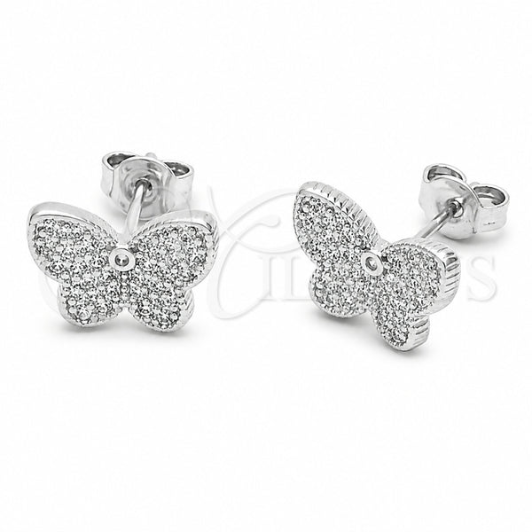 Arete Dormilona 02.310.0217 Rodio Laminado, Diseño de Mariposa, con Micro Pave Blanca, Pulido, Rodinado