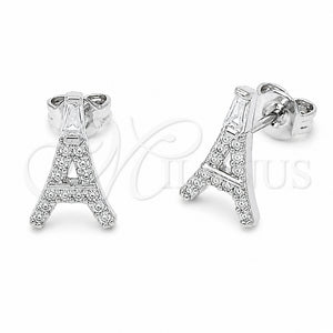 Arete Dormilona 02.310.0220 Rodio Laminado, Diseño de Torre Eiffel y Baguette, con Zirconia Cubica Blanca, Pulido, Rodinado
