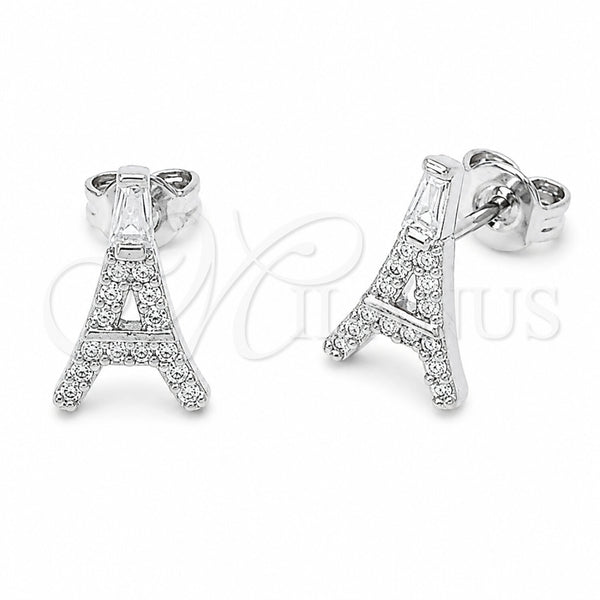 Arete Dormilona 02.310.0220 Rodio Laminado, Diseño de Torre Eiffel y Baguette, con Zirconia Cubica Blanca, Pulido, Rodinado