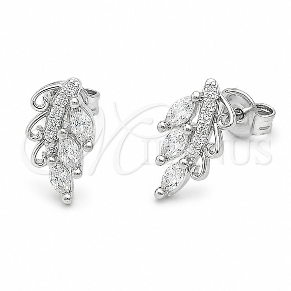Arete Dormilona 02.310.0222 Rodio Laminado, Diseño de Ãrbol y Oja, con Micro Pave Blanca y Zirconia Cubica Blanca, Pulido, Rodinado