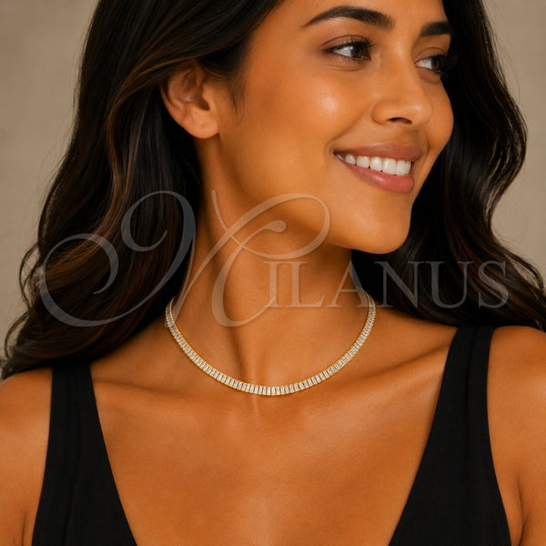 Gargantilla Elegante 04.130.0003.12 Oro Laminado, Diseño de Baguette, con Zirconia Cubica Blanca, Pulido, Tono Dorado (Grosor 03.6 MM, 12 Pulgadas de Largo)