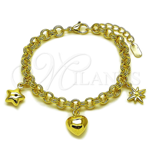 Pulsera Elegante 03.213.0445.07 Oro Laminado, Diseño de Corazón y Estrella, con Zirconia Cubica Blanca, Pulido, Tono Dorado (Grosor 06.1 MM, 7 Pulgadas de Largo)