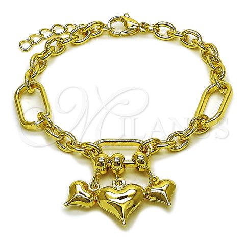 Pulsera Elegante 03.213.0446.07 Oro Laminado, Diseño de Corazón, Pulido, Tono Dorado (Grosor 09 MM, 7 Pulgadas de Largo)