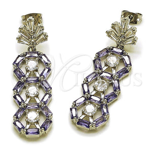 Arete Largo 02.282.0176.1 Rodio Laminado, Diseño de Oja y Cluster, con Zirconia Cubica Blanca y Amatista, Pulido, Rodinado
