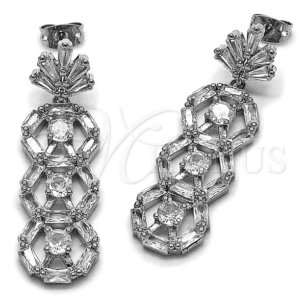 Arete Largo 02.282.0176.2 Rodio Laminado, Diseño de Oja y Cluster, con Zirconia Cubica Blanca, Pulido, Rodinado