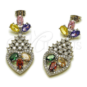 Arete Largo 02.282.0104.2 Rodio Laminado, Diseño de Corazón y Cluster, con Zirconia Cubica Multicolor y Blanca, Pulido, Rodinado