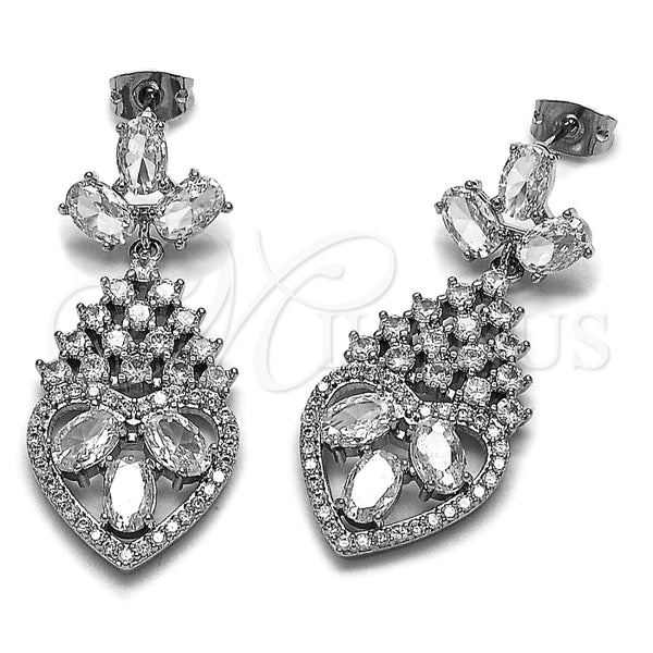 Arete Largo 02.282.0104.3 Rodio Laminado, Diseño de Corazón y Cluster, con Zirconia Cubica Blanca, Pulido, Rodinado